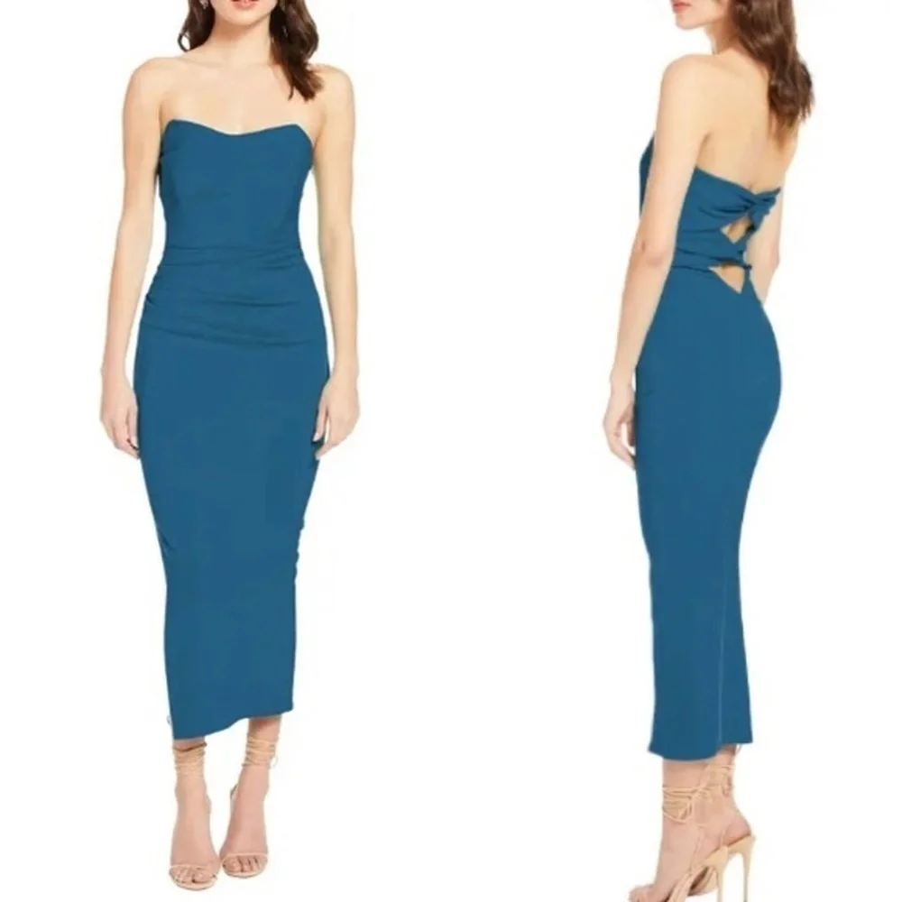NWT Katie May DARK TEAL Ashun STRAPLESS Ruched Back CUTOUT Slit MIDI DRESS M - Picture 1 of 8